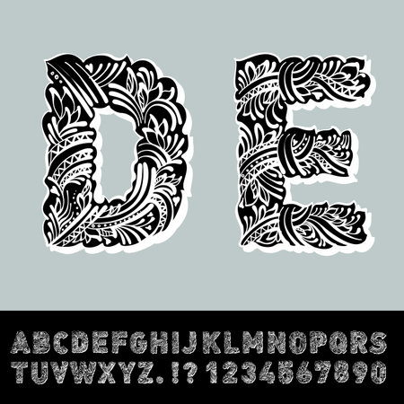 Hand Drawn Floral Font in Doodle Style. Latin Alphabet and Numbers with Hand-Drawn Floral Ornamentのイラスト素材