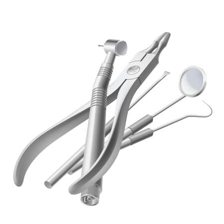 Basic Dentist Instruments and Tools Laid out Against on White Background. A set of Metal Medical Equipment for Teeth Dental Careのイラスト素材
