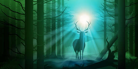 Silhouette of a Deer in Near a Trees at Morning. Illustration of Landscape with Wild Forest, Trees, Hills, and Lakeのイラスト素材