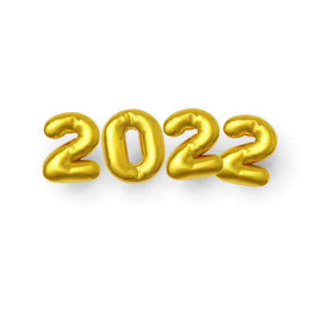 inflatable golden color balloons made of foil, numbers date 2022 filled with helium ballon on ribbon isolated on white background. Happy new year 2022 holiday. Happy new year congratulation concept.のイラスト素材