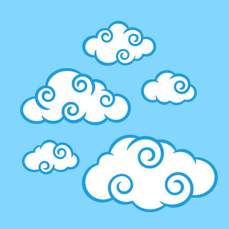 Swirl White Chinese Clouds Isolated on Blue Backdrop. Cute Illustration for Decorating Sky, Weather Forecast, Fabric Print. Sketch Template in Cartoon Outline Style. Kids cartoon style.のイラスト素材