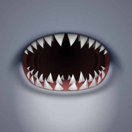 Cartoon Spooky Shark Jaw Isolated on Gray Background. Horror Background for Halloween Conceptのイラスト素材