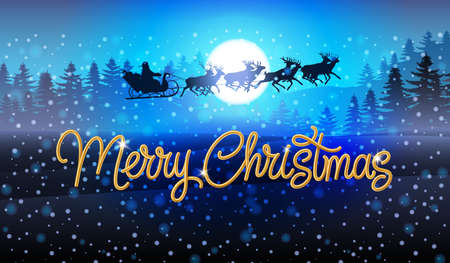 Silhouette of Santa Claus Flying on a Sleigh Pulled by Reindeer, Over Christmas Winter Forest with a Full Moonのイラスト素材