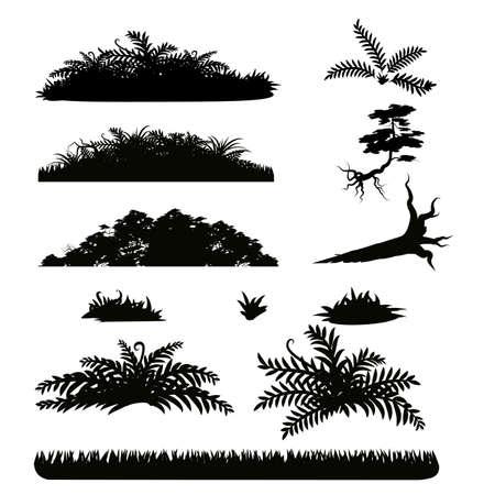 Set of Forest Plant Silhouettes. Design Elements for Landscape on White Backgroundのイラスト素材