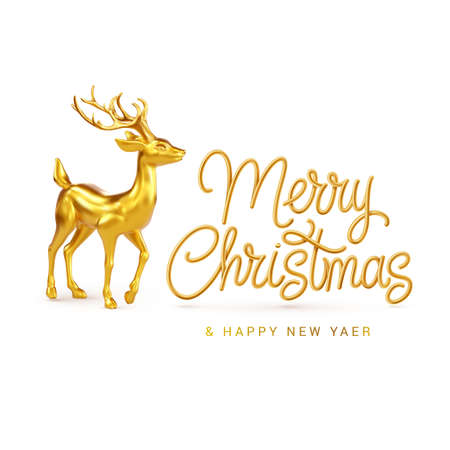Illustration of Golden 3D Deer with Text Merry Christmas and Happy New Year. Template Banner, or Greetings Card on White Backdropのイラスト素材
