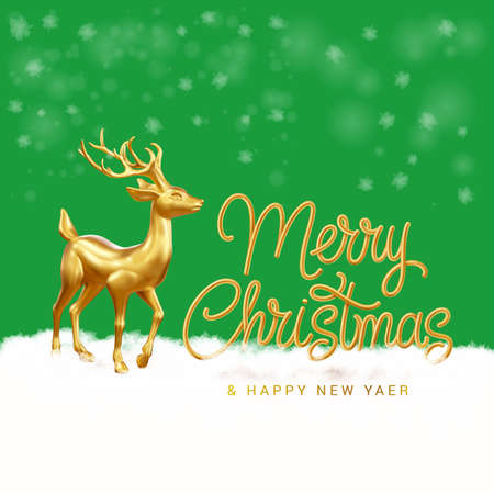 Illustration of Golden 3D Deer, Snowflakes, and with Text Merry Christmas and Happy New Year. Template Banner, or Greetings Card on Green Backgroundのイラスト素材