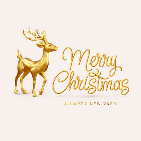 Illustration of Golden 3D Deer with Text Merry Christmas and Happy New Year. Template Banner, or Holiday Cardのイラスト素材