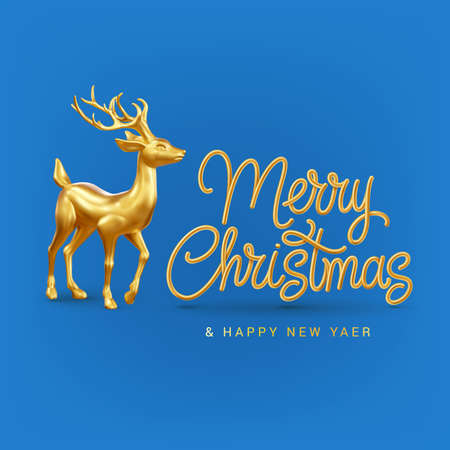 Illustration of Golden 3D Deer with Text Merry Christmas and Happy New Year. Template Banner, or Greetings Card on Blue Backgroundのイラスト素材