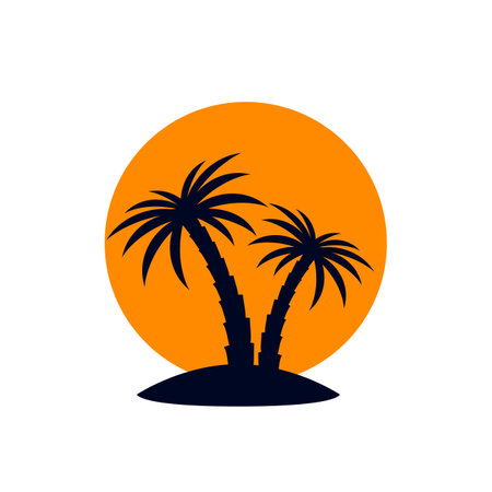 African Rainforest Coconut Trees or Tropical Palm Trees with Orange Sun on White Backdrop. Creative Symbol Outline for Eco Floral  Emblem in Retro Art, or Travel  Designのイラスト素材