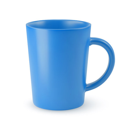 Illustration of Empty Blue Ceramic Coffee Cup or Tea Mug on a White Backdrop. Isolated Mockup with Shadow Effect, and Copy Space for Your Designのイラスト素材