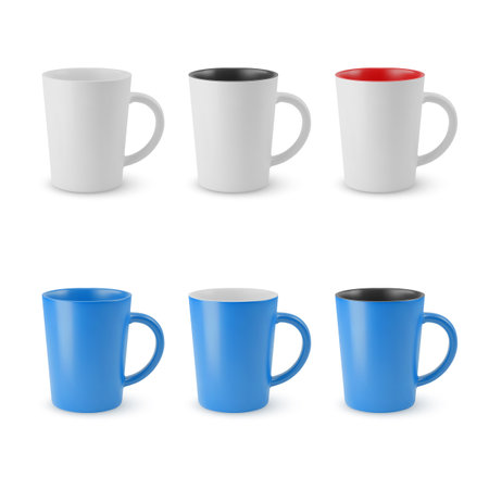 Illustration of Six Realistic Empty Ceramic Coffee Cup or Tea Mug on a White. Isolated Mockup with Shadow Effect, for Web Design, and Printingのイラスト素材