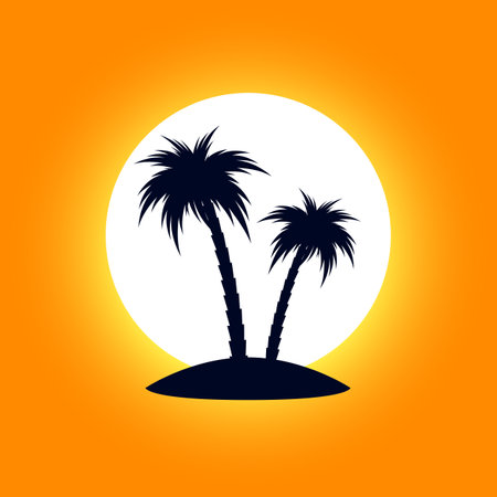 Sunset and Sunrise on the Beach with Coconut Trees or Tropical Palm Trees on Orange Backdrop. Simple Black Silhouette for Travel Logo Designのイラスト素材