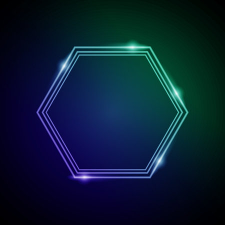 Neon hexagon frame on a dark background. Vector illustration.のイラスト素材