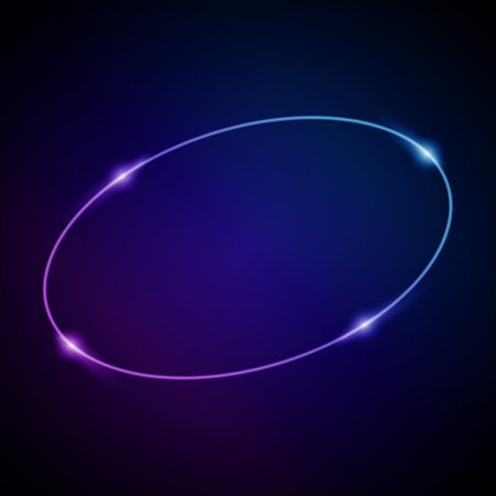 Neon Frame with Glow, and Sparkles. Electronic Luminous Oval Frame in Blue Colors, for Entertainment Message or Promotion Theme on Dark Backgroundのイラスト素材