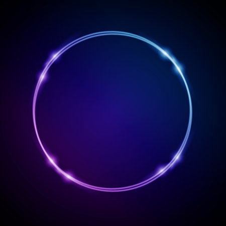 Neon Frame with Glow, and Sparkles. Electronic Luminous Circles Frame in Blue Colors, for Entertainment Message or Promotion Theme on Dark Backdropのイラスト素材