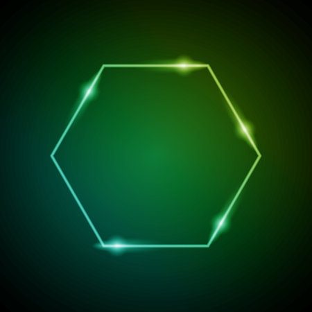 Neon Frame with Glow, and Sparkles. Electronic Luminous Heksagon Frame in Green Colors, for Entertainment Message or Promotion Theme on Dark Backgroundのイラスト素材