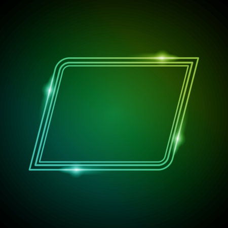 Neon Frame with Glow, and Sparkles. Electronic Luminous Parallelograms Frame in Green Colors, for Entertainment Message or Promotion Theme on Dark Backgroundのイラスト素材