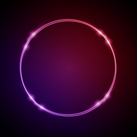 Neon Frame with Glow, and Sparkles. Electronic Luminous Circle Frame in Pink Colors, for Entertainment Message on Dark Backdropのイラスト素材