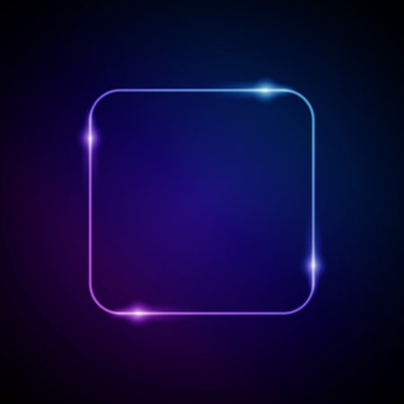 Neon Frame with Glow, and Sparkles. Electronic Luminous Rounded Square Frame in Blue Colors, for Entertainment Message or Promotion Theme on Darkのイラスト素材