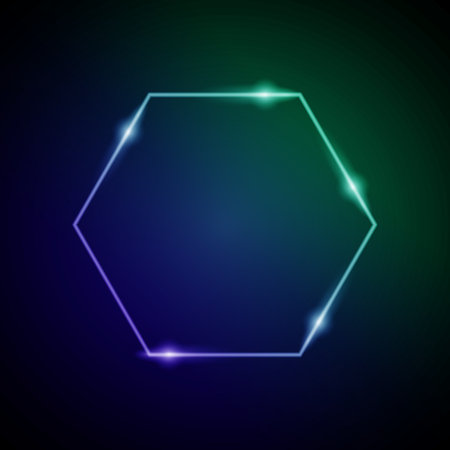 Neon Frame with Glow, and Sparkles. Electronic Luminous Heksagon Frame in Blue and Green Colors, for Entertainment Message or Promotion Theme on Dark Backgroundのイラスト素材