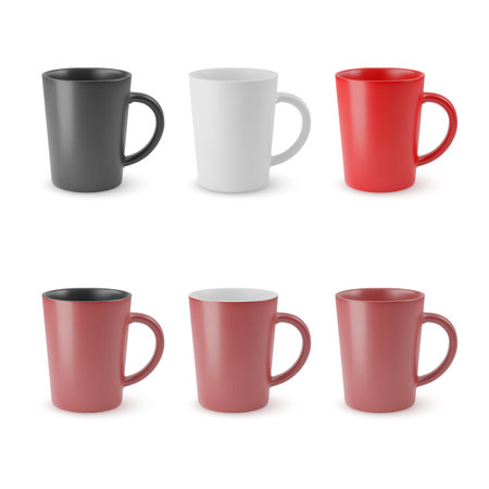Illustration of Six Realistic Empty Ceramic Tea Mug. Mockup with Shadow Effect, and Copy Space for Your Design. For Web Design, and Printing on a White Backgroundのイラスト素材