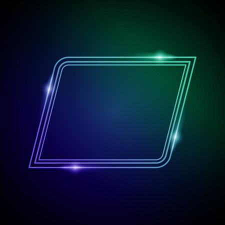 Neon Frame with Glow, and Sparkles. Electronic Luminous Parallelogram Frame in Blue and Green Colors, for Entertainment Message or Promotion Theme on Dark Backgroundのイラスト素材