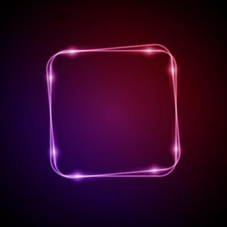 Neon Frame with Glow, and Sparkles. Electronic Luminous Rounded Squares Frame in Red Colors, for Entertainment Message or Promotion Theme on Dark Backgroundのイラスト素材