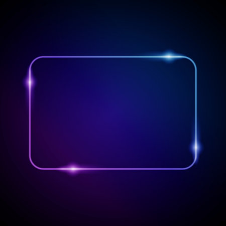 Neon Frame with Glow, and Sparkles. Electronic Luminous Rounded Rectangle Frame in Blue Colors, for Entertainment Message or Promotion Theme on Darkのイラスト素材
