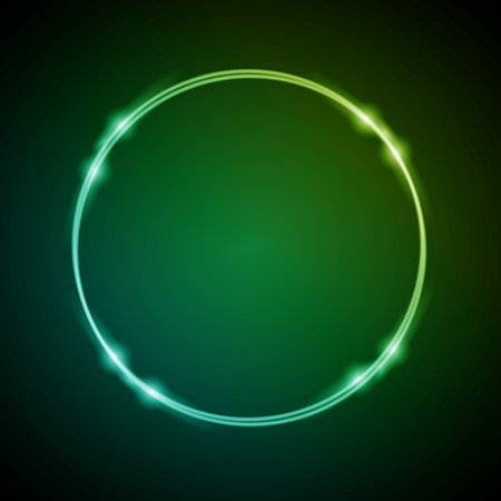 Neon Frame with Glow, and Sparkles. Electronic Luminous Circles Frame in Green Colors, for Entertainment Message or Promotion Theme on Dark Backdropのイラスト素材