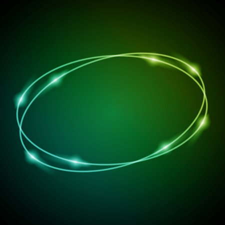 Neon Frame with Glow, and Sparkles. Electronic Luminous Ovals Frame in Green Colors, for Entertainment Message or Promotion Theme on Dark Backdropのイラスト素材