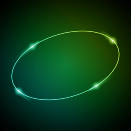 Neon Frame with Glow, and Sparkles. Electronic Luminous Oval Frame in Green Colors, for Entertainment Message or Promotion Theme on Dark Backgroundのイラスト素材