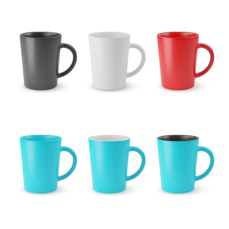 Illustration of Six Realistic Empty Ceramic Tea Mug. Mockup with Shadow Effect, and Copy Space for Your Design. For Web Design, and Printing on a White Backdropのイラスト素材