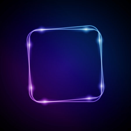 Neon Frame with Glow, and Sparkles. Electronic Luminous Rounded Squares Frame in Blue Colors, for Entertainment Message or Promotion Theme on Darkのイラスト素材