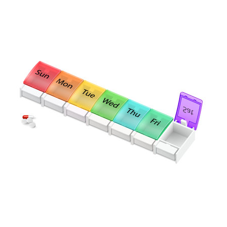 Illustration of Plastic Pharmacy Organizer for Pills for Each Day of the Week on White Background. A Weekly Medicine Dispenser Opened for Saturdayのイラスト素材