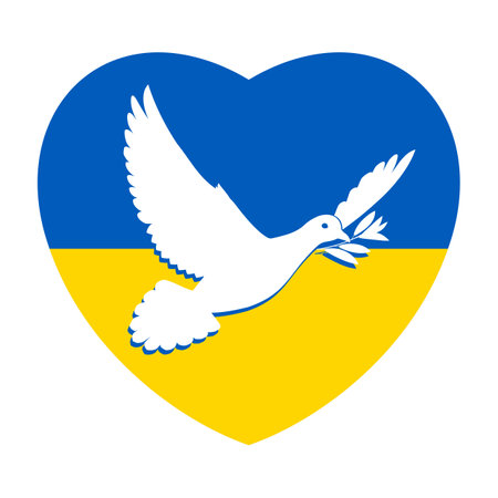 White Dove of Peace Flying with a Branch on the Background of the Ukrainian Flag in Heart Shape. Pray for Peace in Ukraine Concept Illustration on White Backgroundのイラスト素材