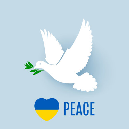 White Dove of Peace Flying with a Green Olive Branch, and Ukraine Flag in Heart Shape. Pray for Peace in Ukraine Concept Illustration on Blue Backdropのイラスト素材