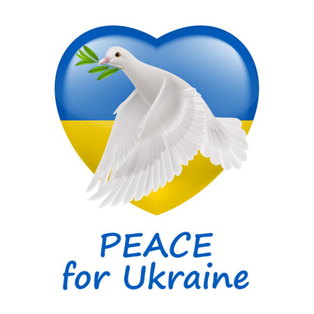 White Dove of Peace Flying with a Green Olive Branch, and Ukraine Flag in Heart Shape. Pray for Peace in Ukraine Concept Illustration. Symbol of Peace and Freedom on White Backgroundのイラスト素材