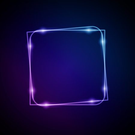 Neon Frame with Glow, and Sparkles. Electronic Luminous Rounded Squares Frame in Blue Colors, for Entertainment Message or Promotion Theme on Dark Backdropのイラスト素材