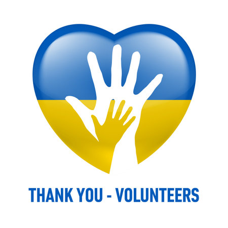 Thank You - Volunteers Creative Concept with Two Hands Silhouette on the Background of Ukrainian Flag in Heart Shape. Symbolizing Help, and Support to Ukraineのイラスト素材