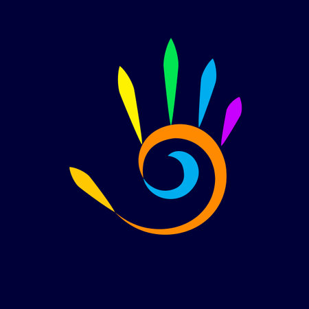 Illustration of Simple Colored Hand with Five Fingers, and Spiral Design Abstract Element on Dark Backdropのイラスト素材