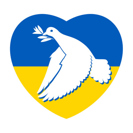 White Dove of Peace Flying with a Branch on the Background of the Ukrainian Flag in Heart Shape. Pray for Peace in Ukraine Concept Illustration. Symbol of Peace and Freedom on White Backgroundのイラスト素材