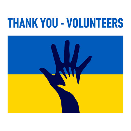 Thank You - Volunteers. The Concept with Two Hands Silhouette on the Background of Ukrainian Flagのイラスト素材