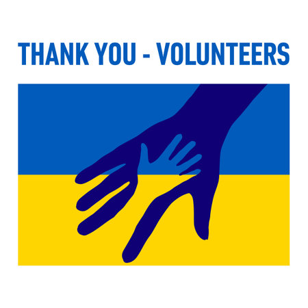 Thank You Volunteers Creative Concept with Two Hands Silhouette on the Background of Ukrainian Flag Symbolizing Help and Support to Ukraineのイラスト素材