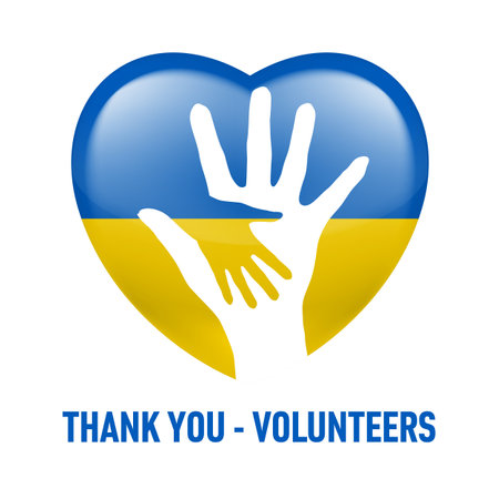 Thank You - Volunteers. Creative Concept with Two Hands Silhouette on the Background of Ukrainian Flag in Heart Shape. Symbolizing Human Community Help. Help Ukraine Conceptのイラスト素材