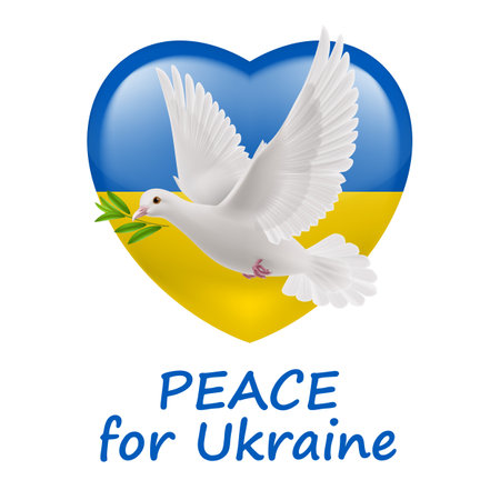 White Dove of Peace Flying with a Green Olive Branch, and Ukraine Flag in Heart Shape. Pray for Peace in Ukraine Concept Illustration on White Backdropのイラスト素材