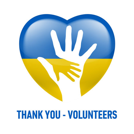 Thank You - Volunteers Creative Concept with Two Hands Silhouette on the Background of Ukrainian Flag in Heart Shape. Symbolizing Help and Support to Ukraineのイラスト素材