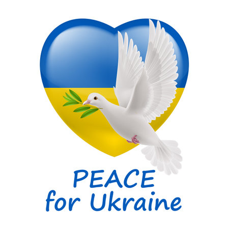 White Dove of Peace Flying with a Green Olive Branch, and Ukraine Flag in Heart Shape. Pray for Peace in Ukraine Concept Illustration on White Backgroundのイラスト素材