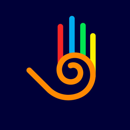 Illustration of Abstract Colored Hand with Five Fingers, and Spiral Design Element on Dark Backdropのイラスト素材