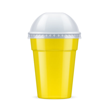 Yellow Plastic Cup with Lid For Single Use. Disposable Container Mockup for Drinks Isolated on Whiteのイラスト素材