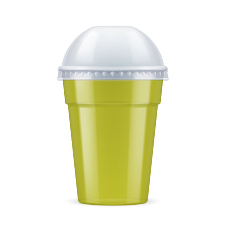 Yellow Plastic Cup with Lid For Single Use. Disposable Container Mockup for Drinks Isolated on White Backgroundのイラスト素材